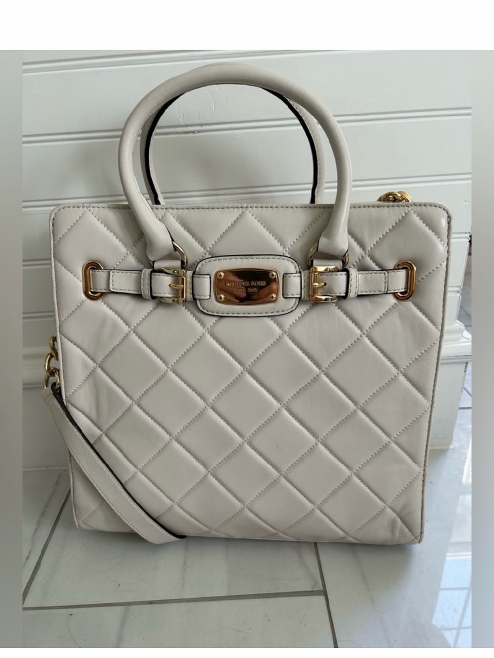Michael Kors Quilted Hamilton Cream Leather Tote with Gold Hardware